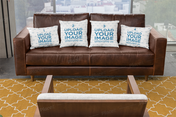 Placeit Mockup Of Four Pillows On A Leather Sofa